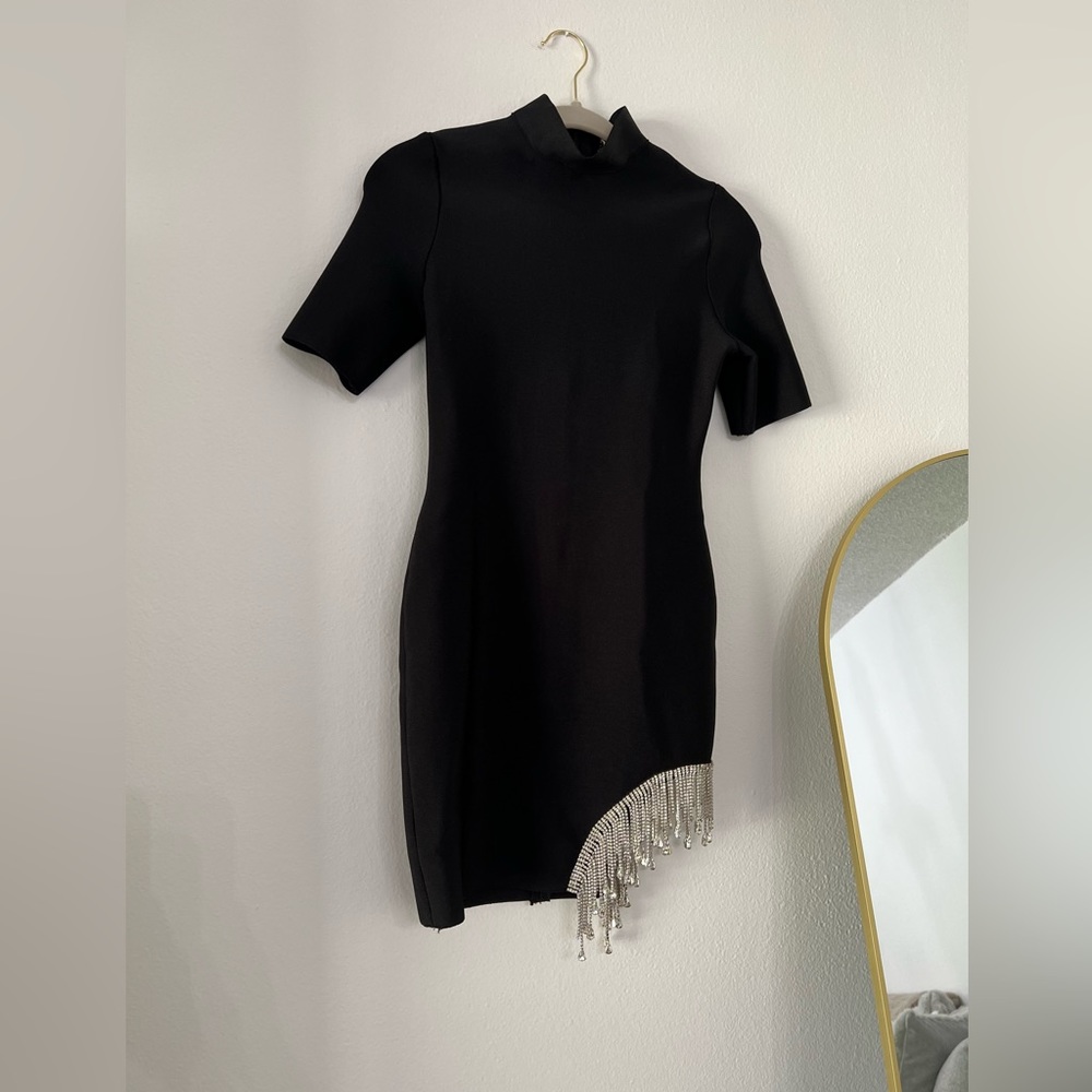 Black Mock-Neck Bandage Bodycon Mini Dress with Rhinestone detail on right side - Picture 8 of 11